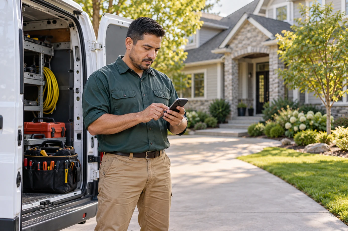 A service business owner reviewing a customer request beside his van before the next job