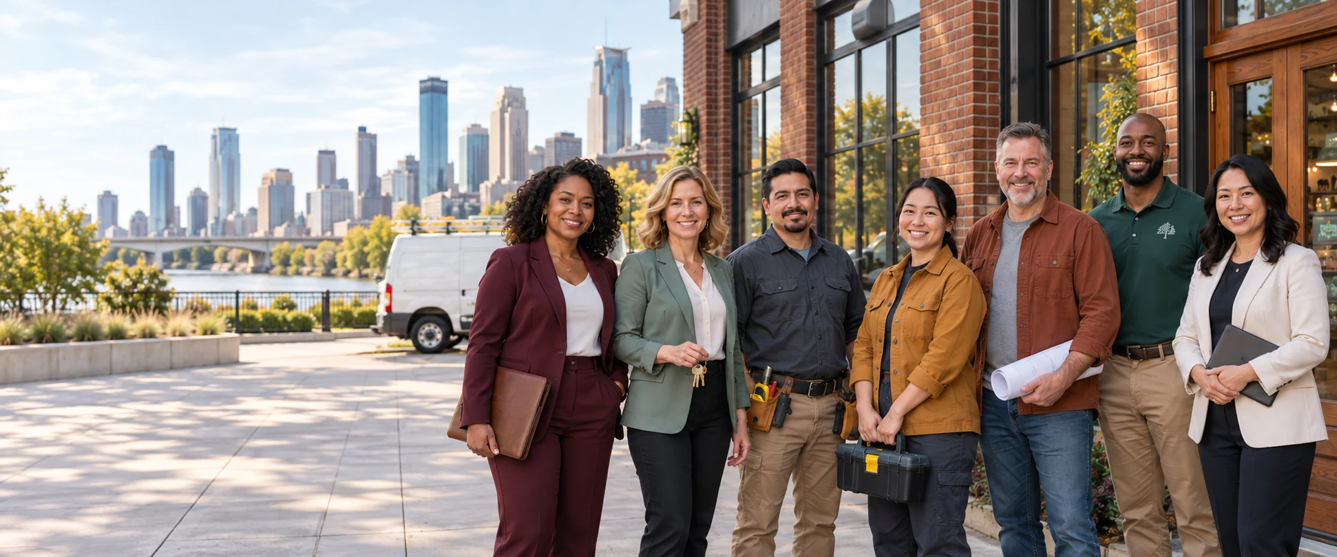 Professionals from legal, real estate, plumbing, electrical, construction, landscaping and accounting standing together outside a commercial building
