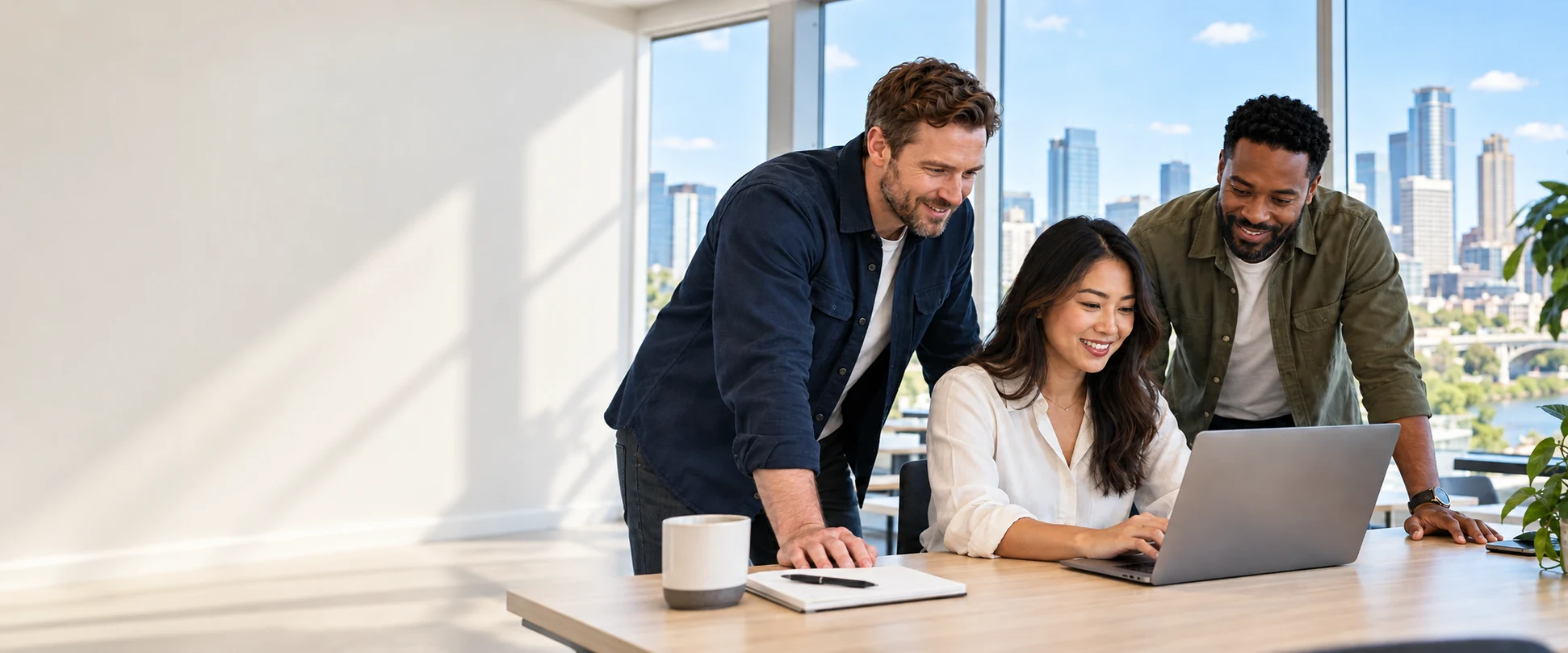 Three business professionals reviewing their work together at a laptop in a bright office